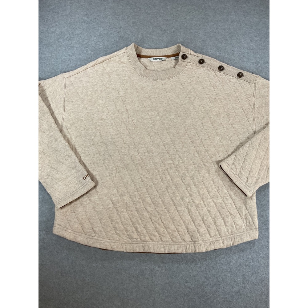 Orvis Womens Quilted Button Shoulder Pullover Sweatshirt Beige L 41401 2548